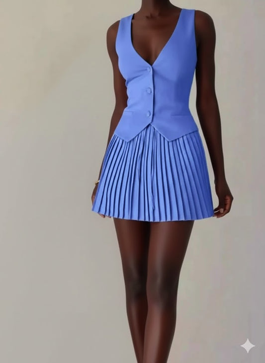 Button Up Vest and Pleated Mini Skirt Set